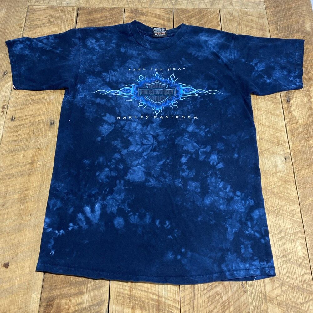 Vtg 1998 Harley Davidson Motorcycles Biker Feel Heat Blue Tie Dye T-Shirt M